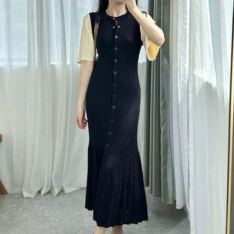 Summer Spring New French Elegant Fragrance High-end Slimming Knitted Mermaid Dress Hollow Slimming Fish Tail Knit Dress Don't Taxe That