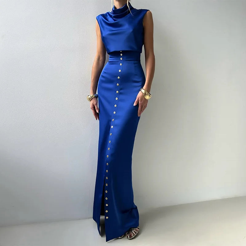 Crop Tops Long Skirt Two Piece Set Women Elegant Sleeveless Top Suit With Front Split Skirt Lady Chic Sexy Evening Party Outfits Don't Taxe That