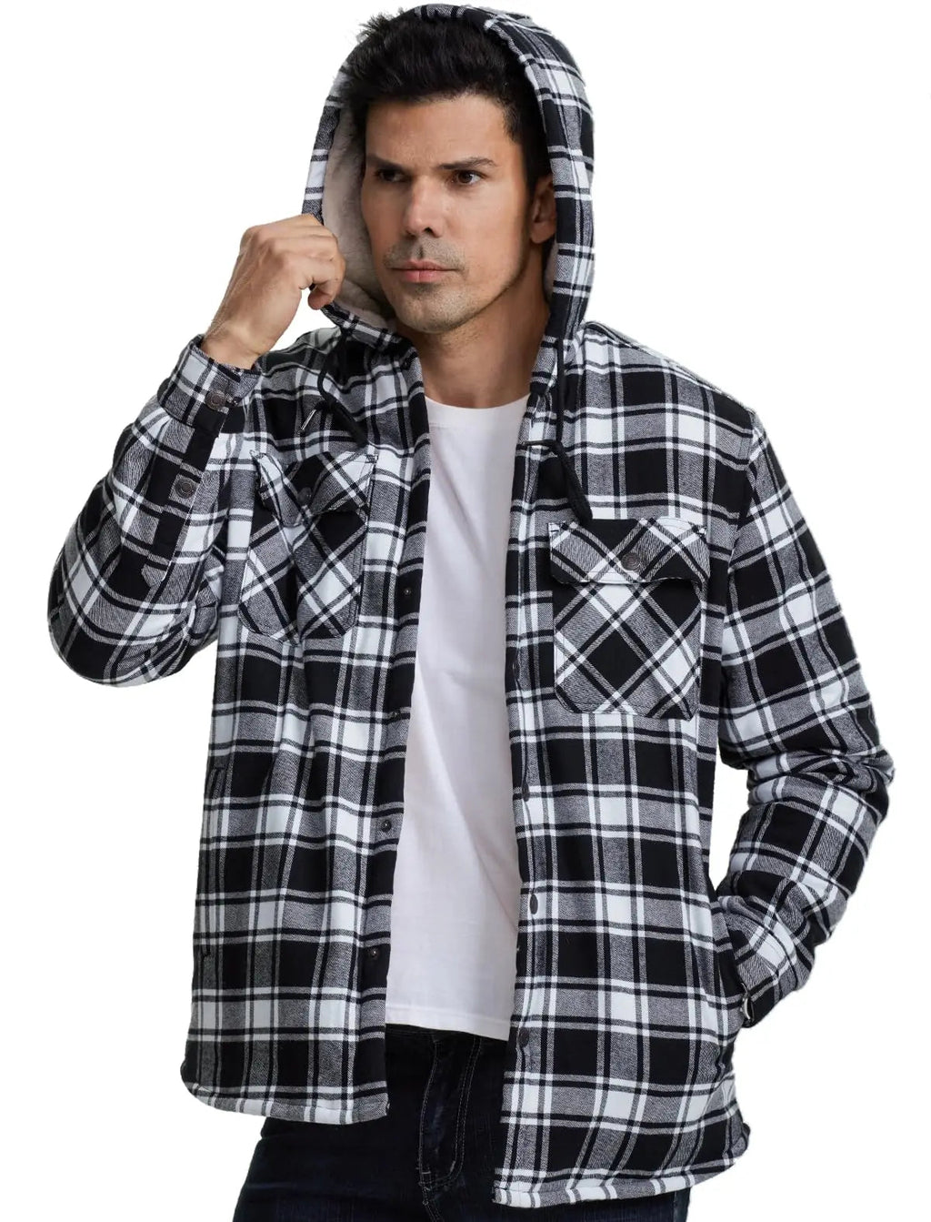 MAGCOMSEN Hooded Flannel Jacket Men's Plaid Jackets Cotton Sherpa Lined Jacket Winter Button Heavyweight Plaid Hoodies Male Don't Taxe That