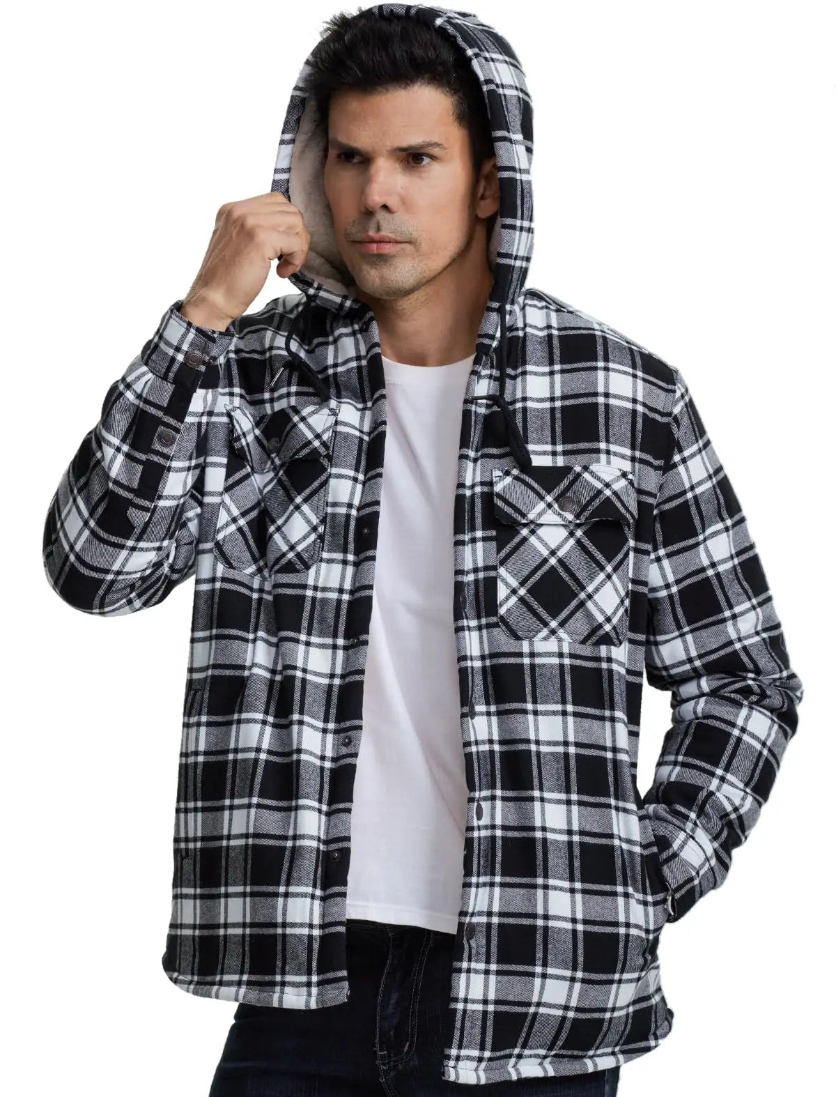 MAGCOMSEN Hooded Flannel Jacket Men's Plaid Jackets Cotton Sherpa Lined Jacket Winter Button Heavyweight Plaid Hoodies Male Don't Taxe That