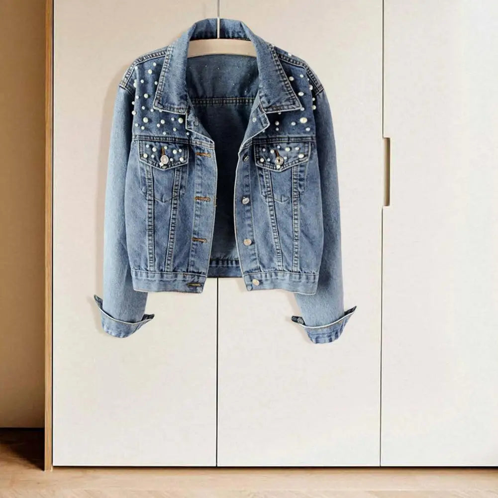 Trendy Women Denim Jacket Firm Stitching Autumn Denim Jacket Breathable Cardigan Imitation Pearl Autumn Coat  Beads Decor Don't Taxe That