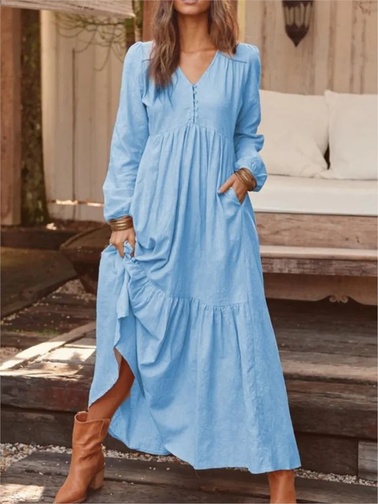 Cotton And Linen Vintage Style Long Dress For Women Casual V Neck Long Sleeve Loose Maxi Dresses Female Elegant Women's Clothing Don't Taxe That