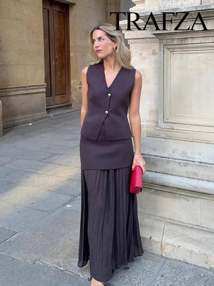 TRAFZA Women 2 Piece Set V-Neck Sleeveless Button Knitted Vest Top+Elegant Splicing High Waist Zipper Long Skirts Holiday Suits Don't Taxe That