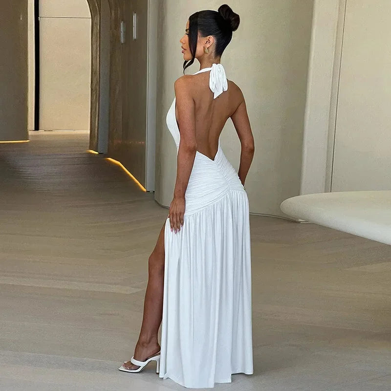 Women's Summer Deep V-neck High Waist Folds Long Dress Halter Neck Bandage Backless Tunics Split White Party Evening Dresses Don't Taxe That