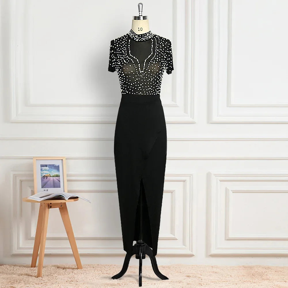 Women Winter Long Dress O-Neck Short Sleeve Pearl Sexy Night Club Party Solid Open Fork Maxi Bandage Bodycon Dresses GL0018 Don't Taxe That