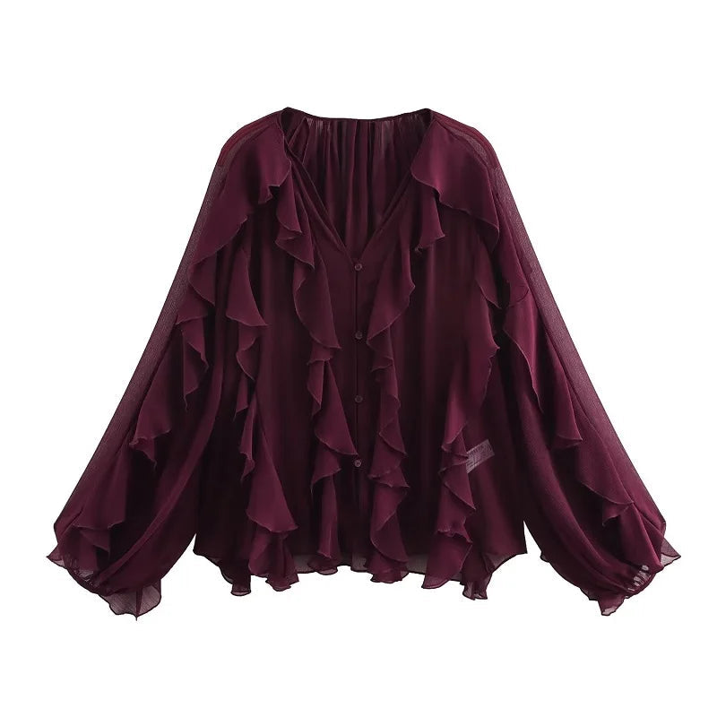 TRAF Ruffle Womens Blouses Semi Sheer Casual Blouses Woman Spring Fairy Shirts and Blouses for Lady Long Sleeve Tops Woman 2025 Don't Taxe That