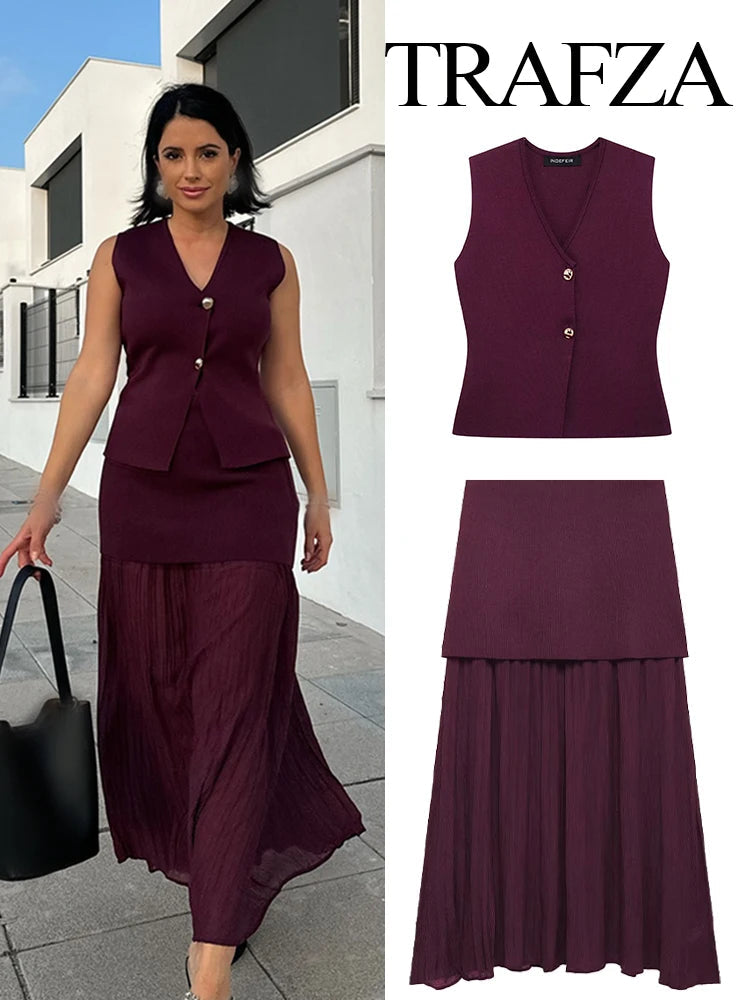 TRAFZA Women 2 Piece Set V-Neck Sleeveless Button Knitted Vest Top+Elegant Splicing High Waist Zipper Long Skirts Holiday Suits Don't Taxe That