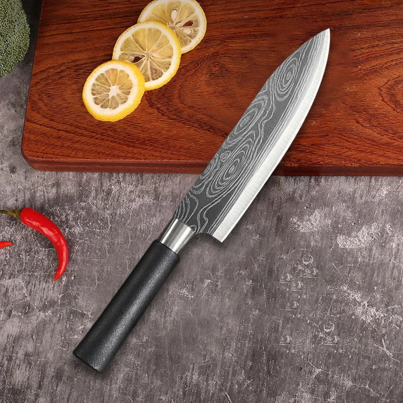 Laser Damascus Pattern Utility Kitchen Knives Scissors Sharpening Rod Set Stainless Steel Sharp Slicing Chef knife Cooking Tool Don't Taxe That