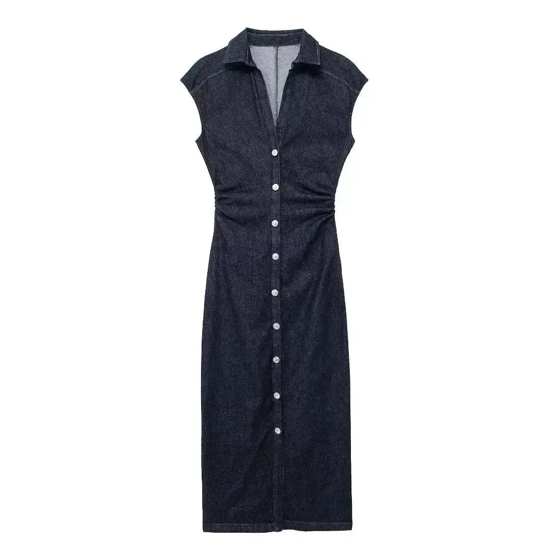 TRAFSHE Sleeveless Denim Long Dress Women Bodycon Tank Midi Dress Woman Summer Ruched Button Up Casual Dresses For Lady Don't Taxe That
