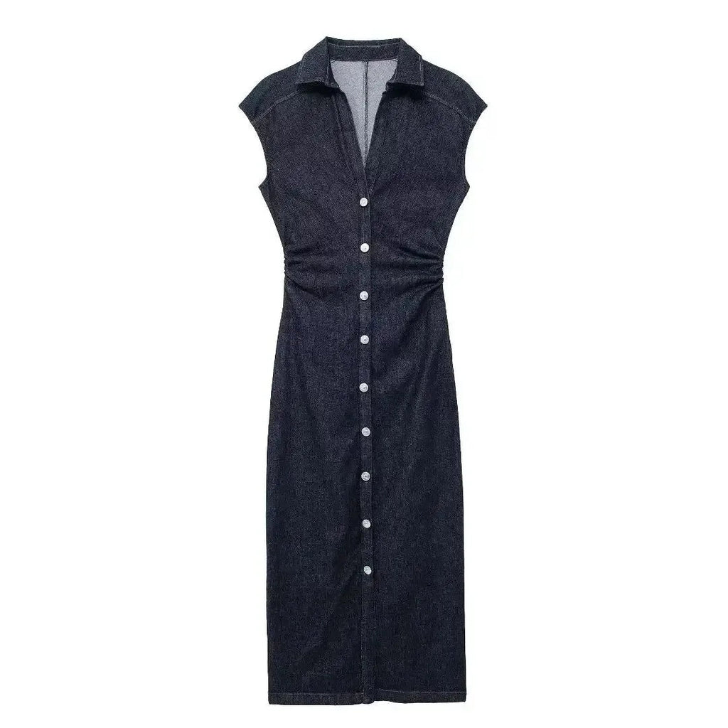 TRAFSHE Sleeveless Denim Long Dress Women Bodycon Tank Midi Dress Woman Summer Ruched Button Up Casual Dresses For Lady Don't Taxe That