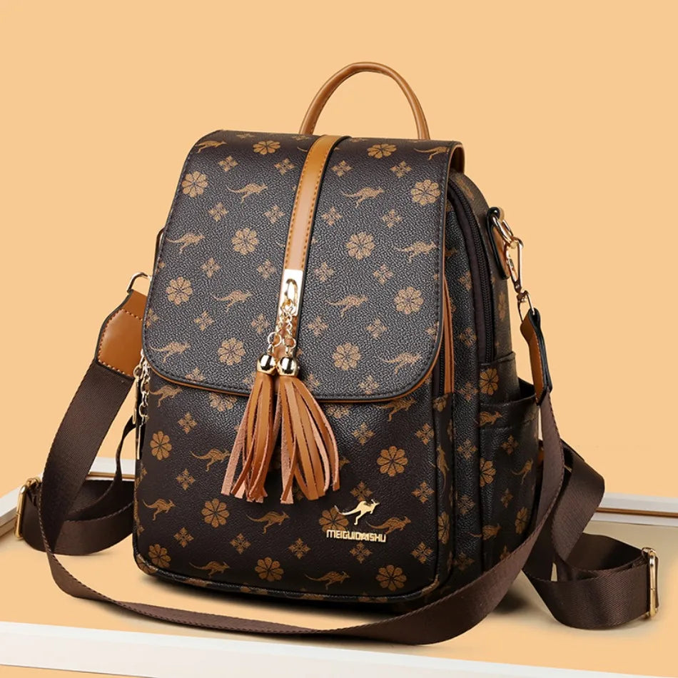 Ladies Backpack Designer High Quality Leather Women Bag Luxury Fashion Printing Tassel School Bags Large Capacity Backpacks Sac Don't Taxe That