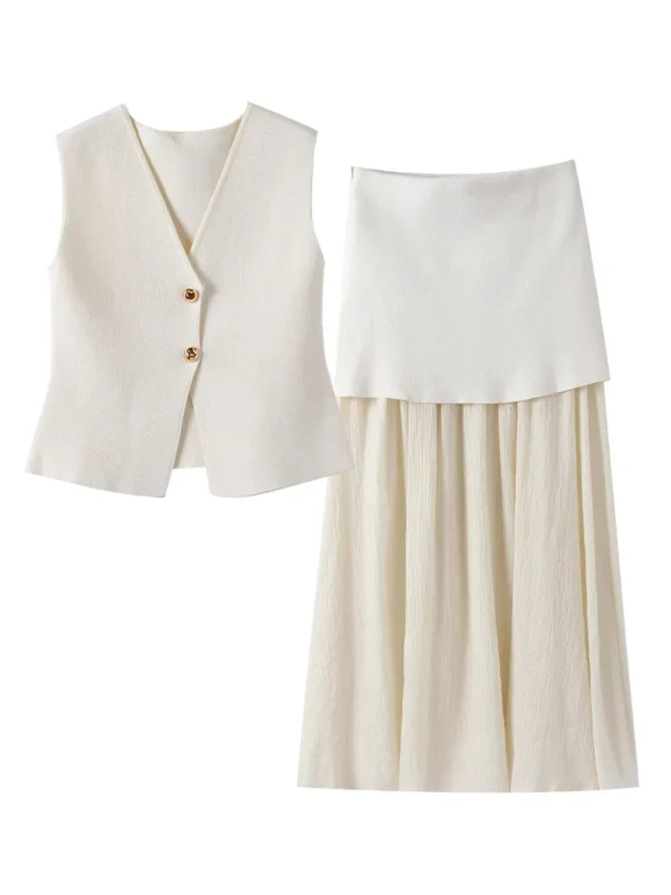 TRAF Women Knitted Sets Loose Skirt Set 2 Pieces 2024 Summer Button V-neck Vest Top Ankle-Length Skirt Lady Street Outfit Don't Taxe That