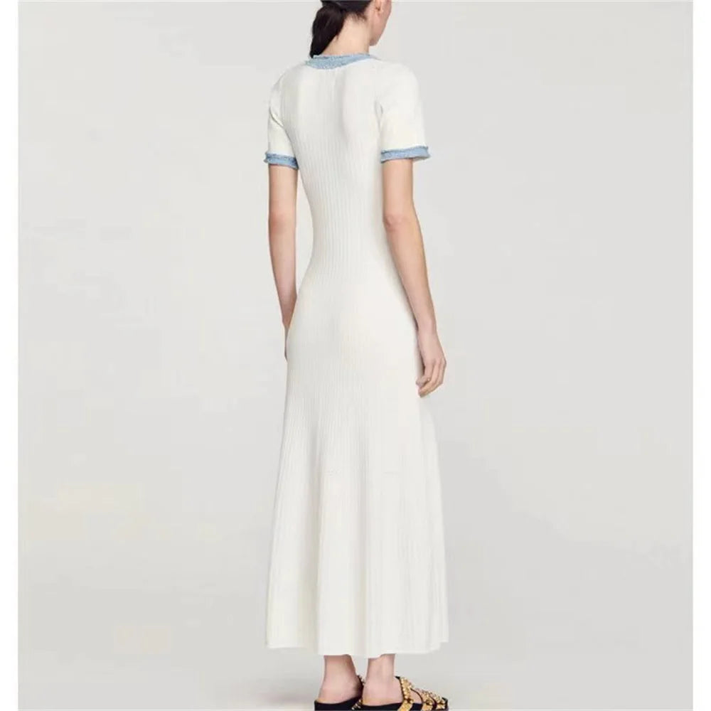 Elegant Contrasting Women Knit Maxi Dress Chic O-neck Short Sleeve Metal Buttons Bodycon Dresses Office Lady Commuting Robe Don't Taxe That