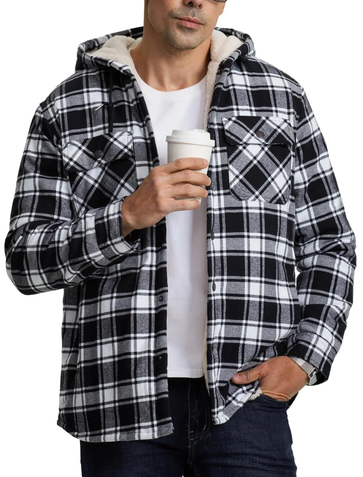 MAGCOMSEN Hooded Flannel Jacket Men's Plaid Jackets Cotton Sherpa Lined Jacket Winter Button Heavyweight Plaid Hoodies Male Don't Taxe That