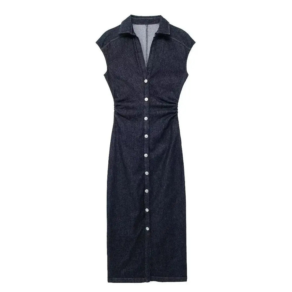 New arrival women's fashion sleeveless lapel pleated mid-length slim shirt-style commuter dress Don't Taxe That