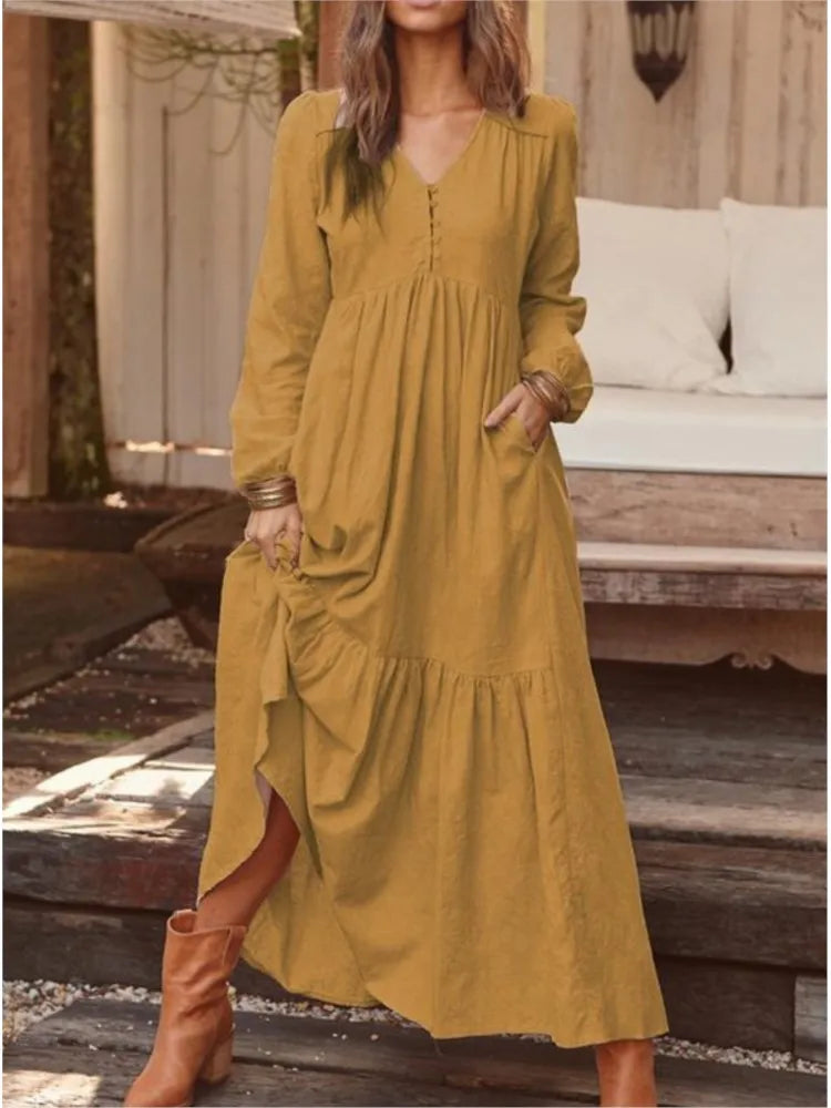 Cotton And Linen Vintage Style Long Dress For Women Casual V Neck Long Sleeve Loose Maxi Dresses Female Elegant Women's Clothing Don't Taxe That