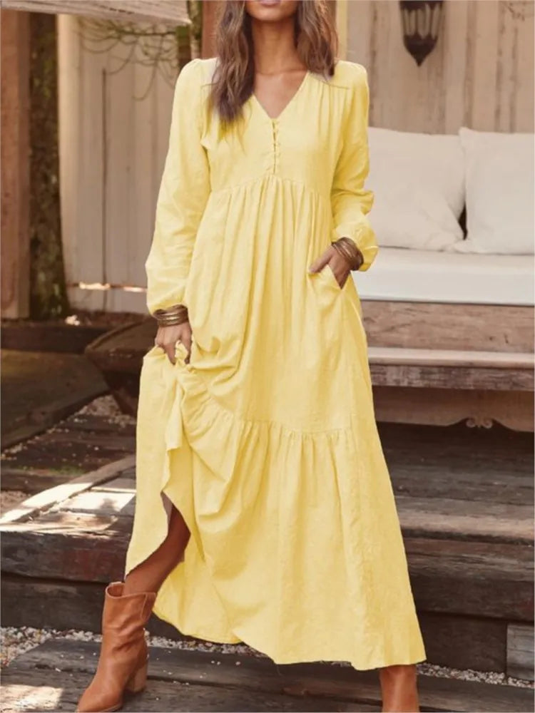 Cotton And Linen Vintage Style Long Dress For Women Casual V Neck Long Sleeve Loose Maxi Dresses Female Elegant Women's Clothing Don't Taxe That