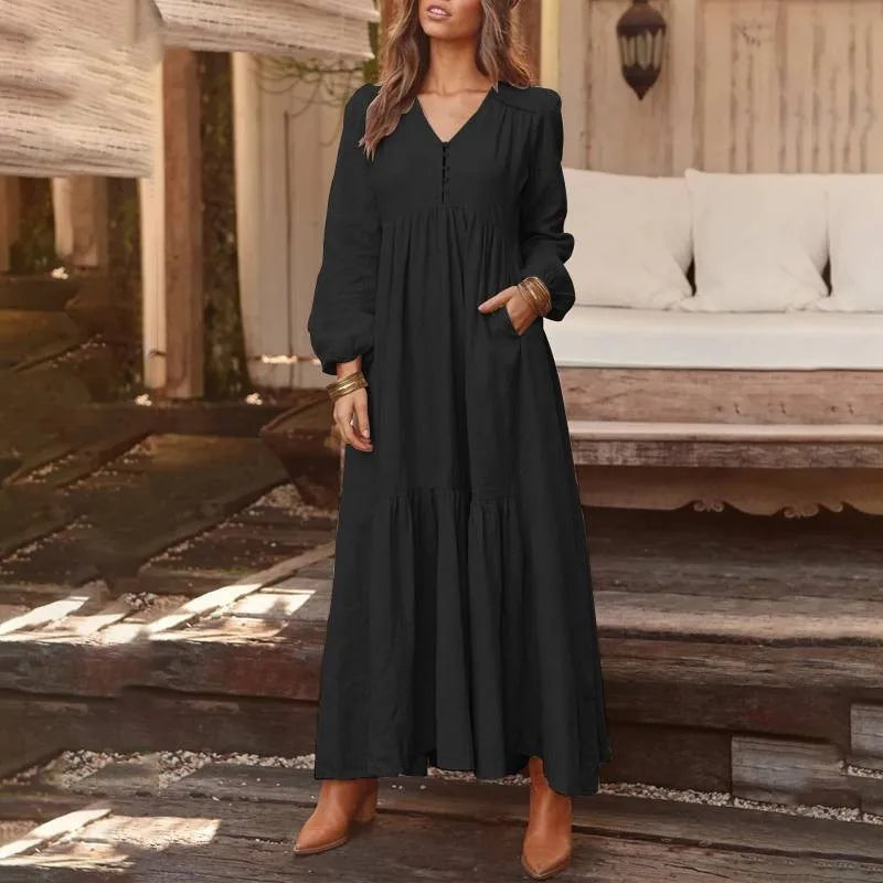 Cotton And Linen Vintage Style Long Dress For Women Casual V Neck Long Sleeve Loose Maxi Dresses Female Elegant Women's Clothing Don't Taxe That