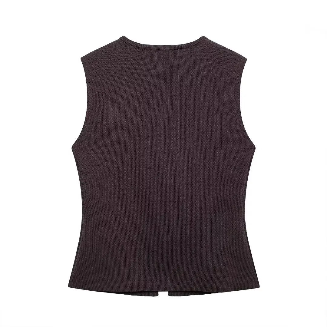 TRAFZA Women 2 Piece Set V-Neck Sleeveless Button Knitted Vest Top+Elegant Splicing High Waist Zipper Long Skirts Holiday Suits Don't Taxe That