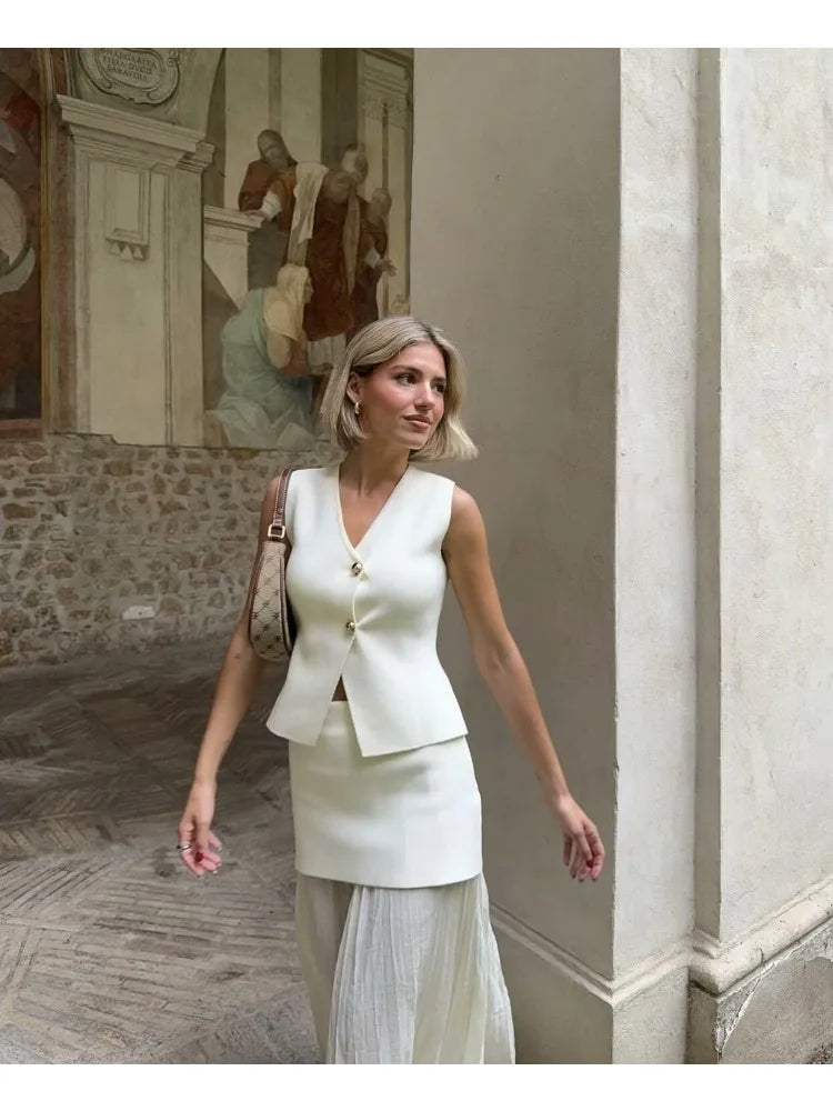 TRAF Women Knitted Sets Loose Skirt Set 2 Pieces 2024 Summer Button V-neck Vest Top Ankle-Length Skirt Lady Street Outfit Don't Taxe That