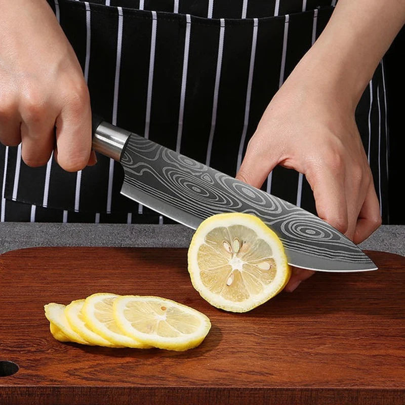 Laser Damascus Pattern Utility Kitchen Knives Scissors Sharpening Rod Set Stainless Steel Sharp Slicing Chef knife Cooking Tool Don't Taxe That