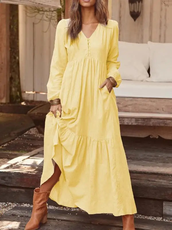Cotton And Linen Vintage Style Long Dress For Women Casual V Neck Long Sleeve Loose Maxi Dresses Female Elegant Women's Clothing Don't Taxe That