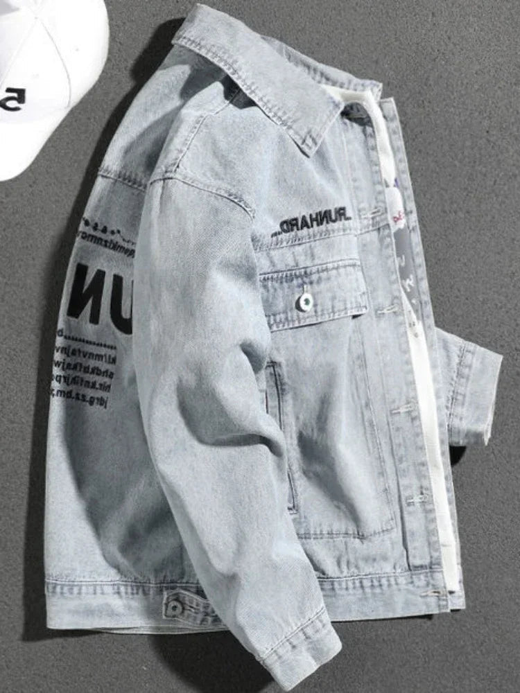 Jeans Coat for Men Letter Denim Jackets Man with Embroidery Light Designer Large Size Winter Oversize New in Korea Aesthetic L G Don't Taxe That