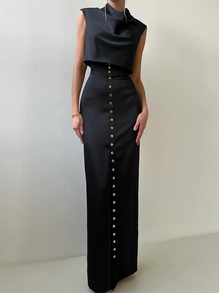 Crop Tops Long Skirt Two Piece Set Women Elegant Sleeveless Top Suit With Front Split Skirt Lady Chic Sexy Evening Party Outfits Don't Taxe That
