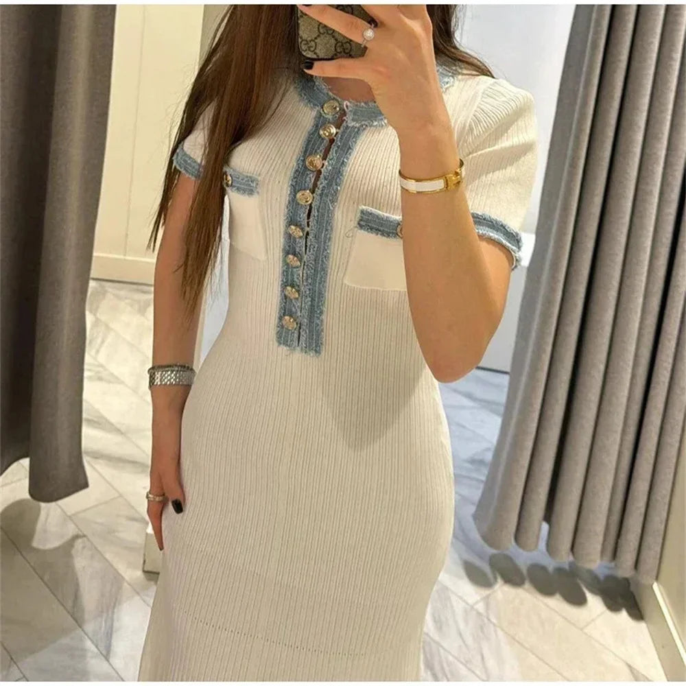 Elegant Contrasting Women Knit Maxi Dress Chic O-neck Short Sleeve Metal Buttons Bodycon Dresses Office Lady Commuting Robe Don't Taxe That