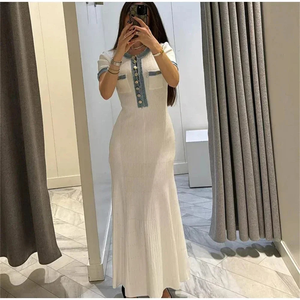 Elegant Contrasting Women Knit Maxi Dress Chic O-neck Short Sleeve Metal Buttons Bodycon Dresses Office Lady Commuting Robe Don't Taxe That