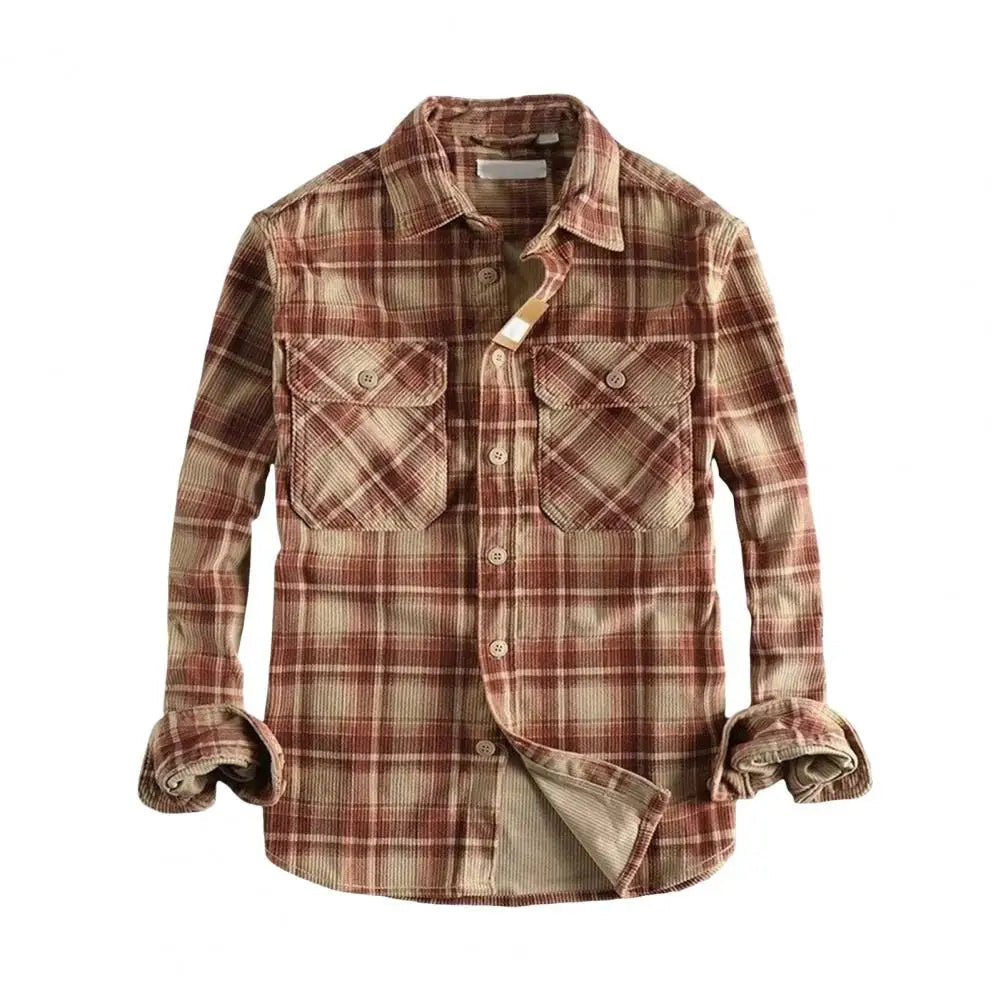 Spring Fall Men Shirt Plaid Print Single-breasted Long Sleeves Shirt Retro Mid Length Cardigan Top Don't Taxe That