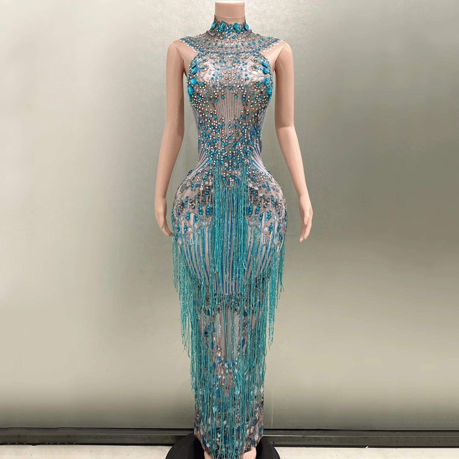 Fashion Crystals Rhinestone Party Long Dress Women Sleeveless Tassel Club Dress Blue Sexy Jazz Singer Dancer Stage Costumes Don't Taxe That