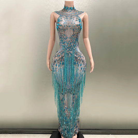 Fashion Crystals Rhinestone Party Long Dress Women Sleeveless Tassel Club Dress Blue Sexy Jazz Singer Dancer Stage Costumes