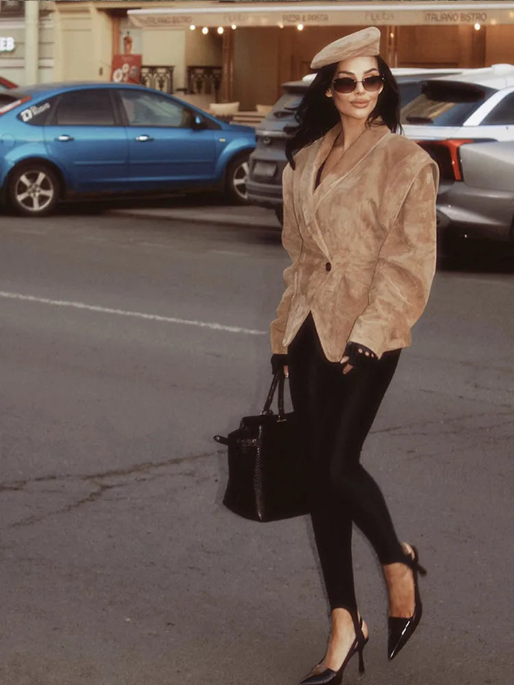 Solid Waist Cinching Blazer Women Shoulder Pads Lapel Single Breasted Long Sleeves Jackets Chic Elegant Casual Street Outerwear Don't Taxe That