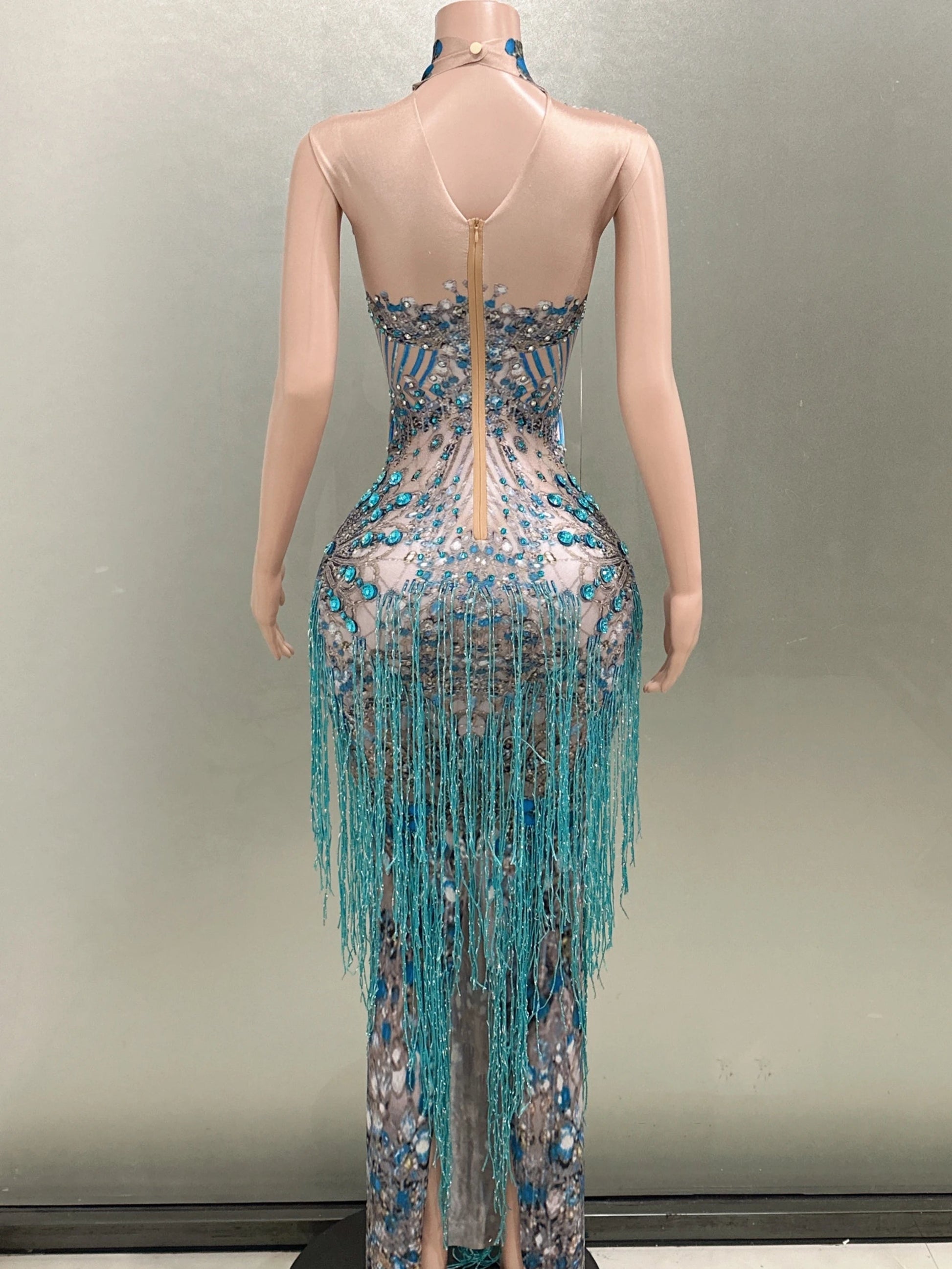 Fashion Crystals Rhinestone Party Long Dress Women Sleeveless Tassel Club Dress Blue Sexy Jazz Singer Dancer Stage Costumes Don't Taxe That