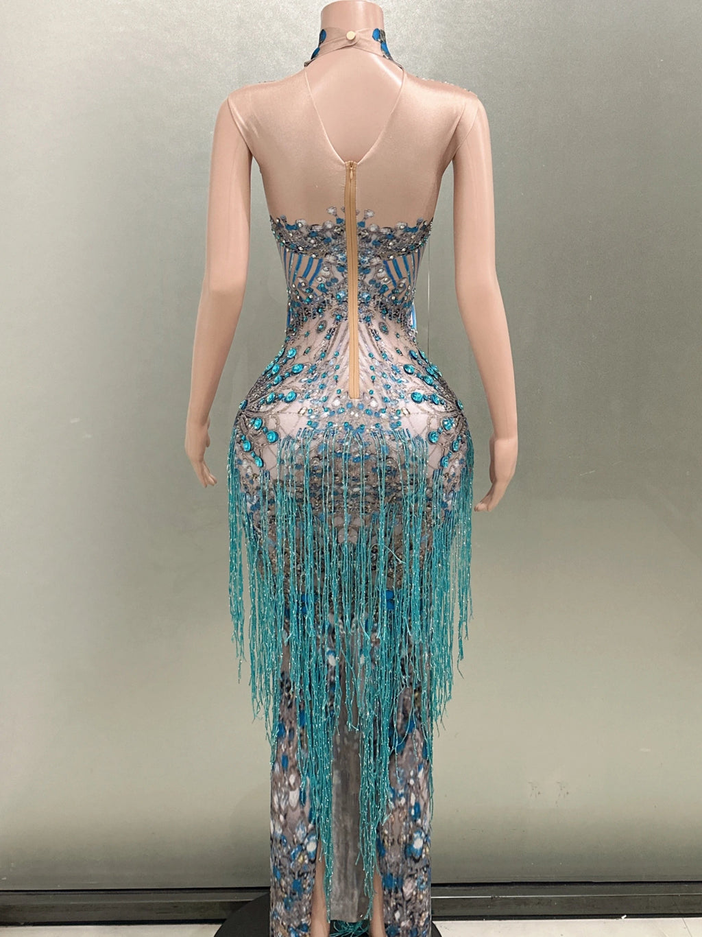 Fashion Crystals Rhinestone Party Long Dress Women Sleeveless Tassel Club Dress Blue Sexy Jazz Singer Dancer Stage Costumes Don't Taxe That