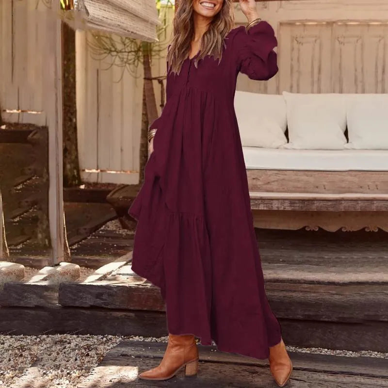 Cotton And Linen Vintage Style Long Dress For Women Casual V Neck Long Sleeve Loose Maxi Dresses Female Elegant Women's Clothing Don't Taxe That