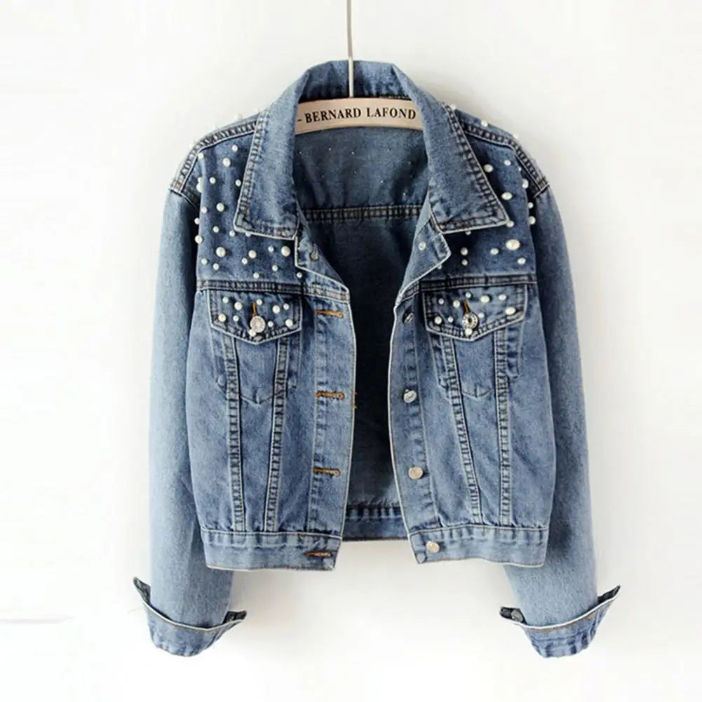 Trendy Women Denim Jacket Firm Stitching Autumn Denim Jacket Breathable Cardigan Imitation Pearl Autumn Coat  Beads Decor Don't Taxe That