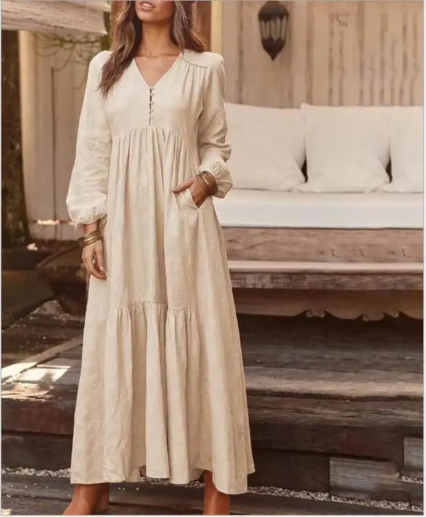 Cotton And Linen Vintage Style Long Dress For Women Casual V Neck Long Sleeve Loose Maxi Dresses Female Elegant Women's Clothing Don't Taxe That