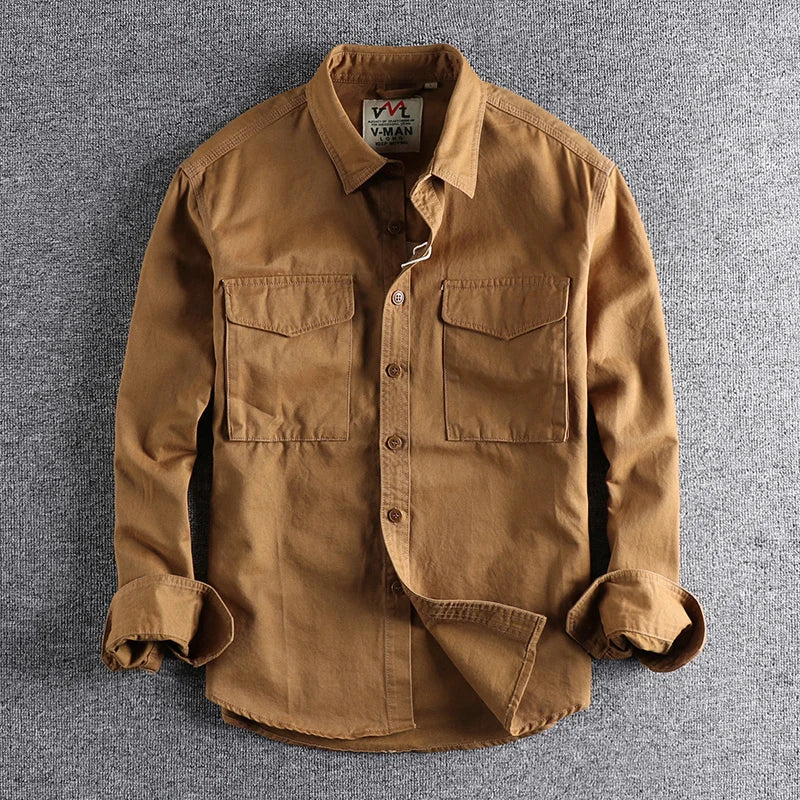 Autumn new 204 khaki retro wash solid color work shirt men's three-dimensional pocket trend loose jacket Don't Taxe That