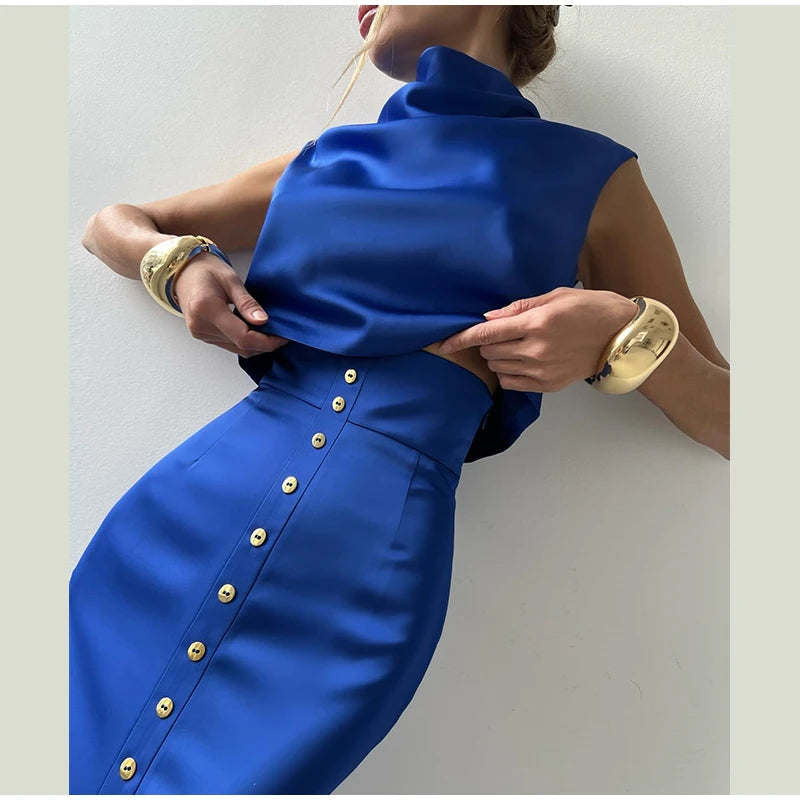 Crop Tops Long Skirt Two Piece Set Women Elegant Sleeveless Top Suit With Front Split Skirt Lady Chic Sexy Evening Party Outfits Don't Taxe That