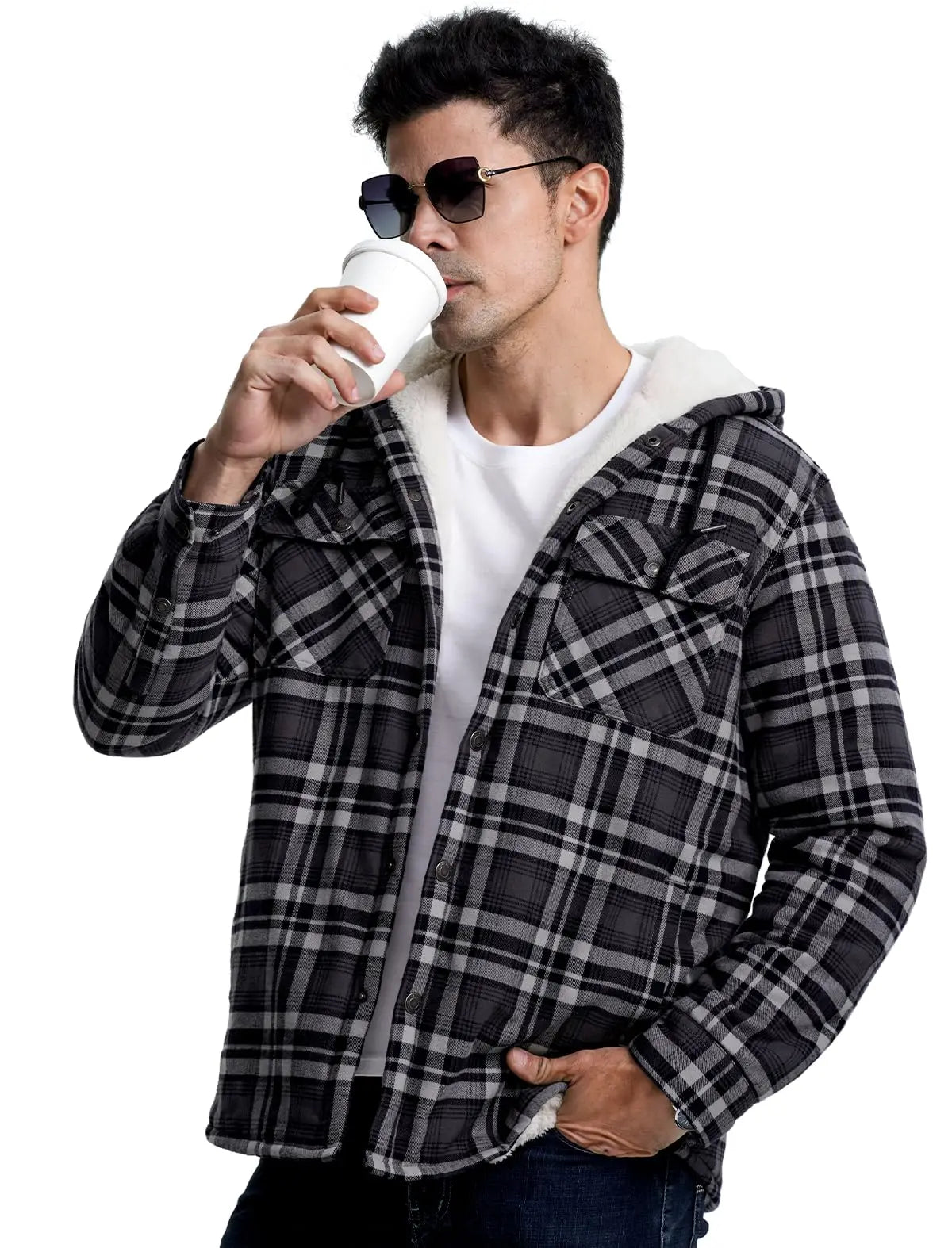 MAGCOMSEN Hooded Flannel Jacket Men's Plaid Jackets Cotton Sherpa Lined Jacket Winter Button Heavyweight Plaid Hoodies Male Don't Taxe That