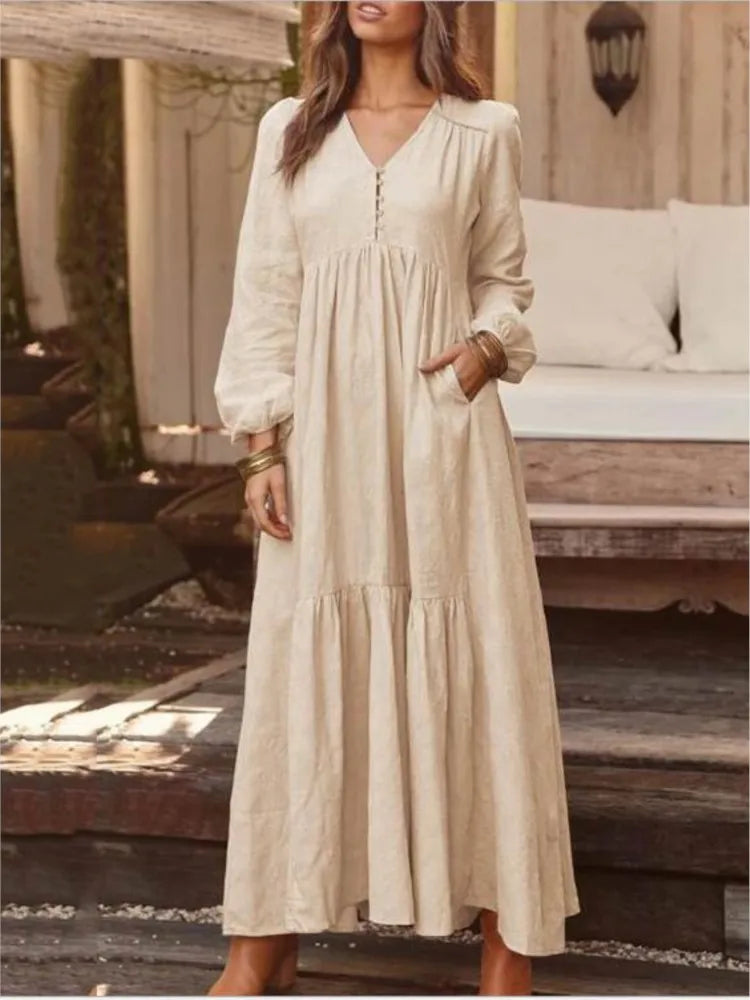 Cotton And Linen Vintage Style Long Dress For Women Casual V Neck Long Sleeve Loose Maxi Dresses Female Elegant Women's Clothing Don't Taxe That
