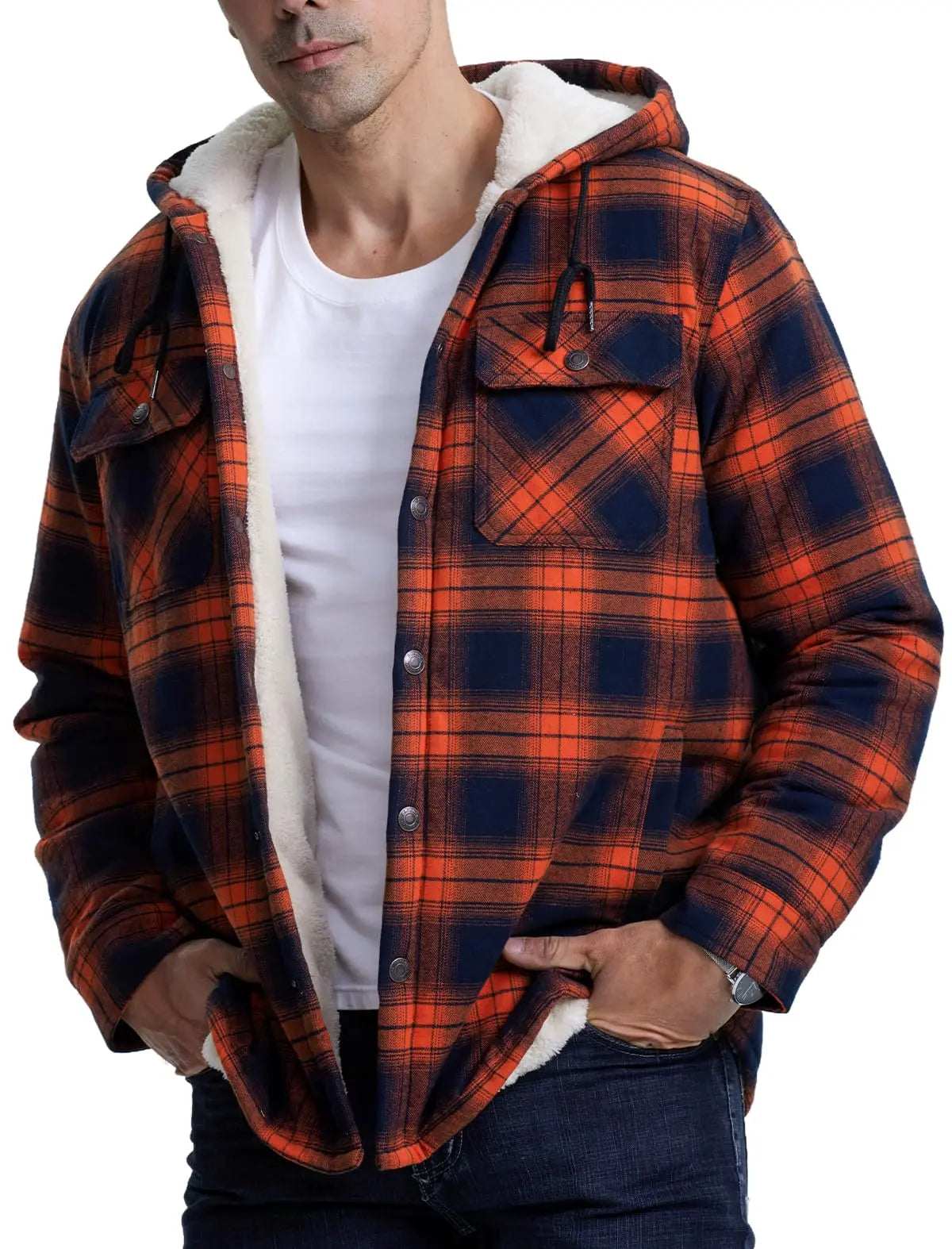 MAGCOMSEN Hooded Flannel Jacket Men's Plaid Jackets Cotton Sherpa Lined Jacket Winter Button Heavyweight Plaid Hoodies Male Don't Taxe That
