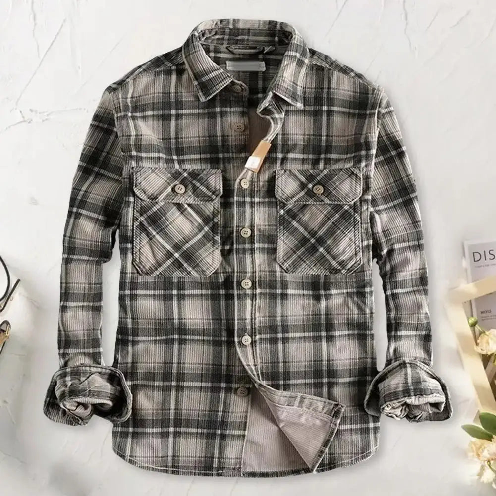 Spring Fall Men Shirt Plaid Print Single-breasted Long Sleeves Shirt Retro Mid Length Cardigan Top Don't Taxe That