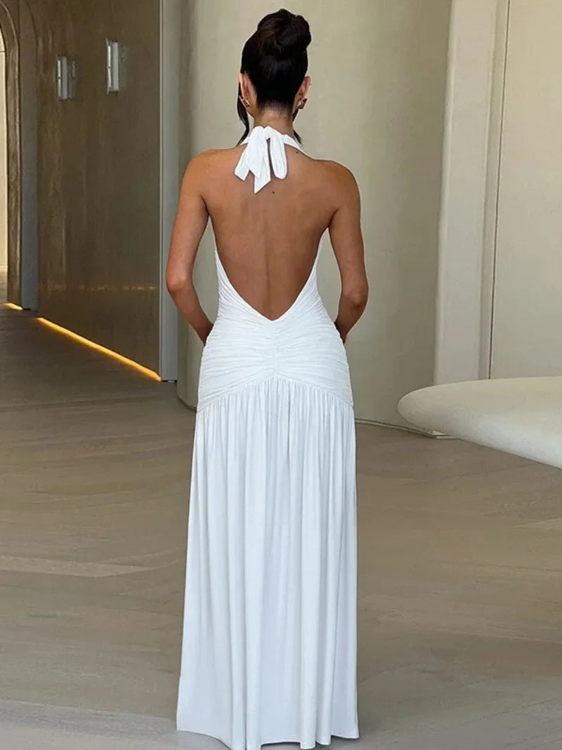 Women's Summer Deep V-neck High Waist Folds Long Dress Halter Neck Bandage Backless Tunics Split White Party Evening Dresses Don't Taxe That