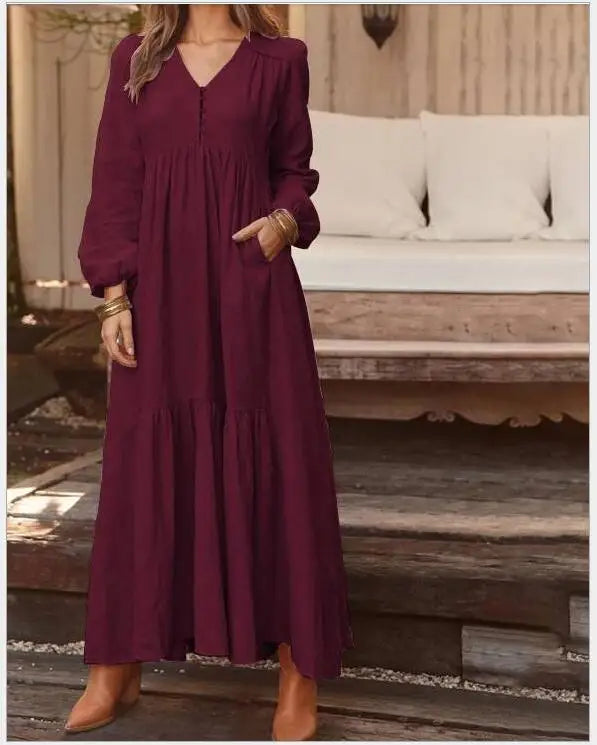 Cotton And Linen Vintage Style Long Dress For Women Casual V Neck Long Sleeve Loose Maxi Dresses Female Elegant Women's Clothing Don't Taxe That