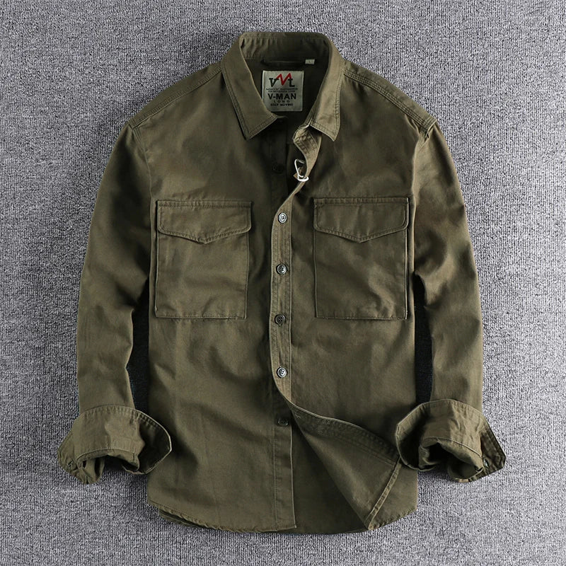 Autumn new 204 khaki retro wash solid color work shirt men's three-dimensional pocket trend loose jacket Don't Taxe That