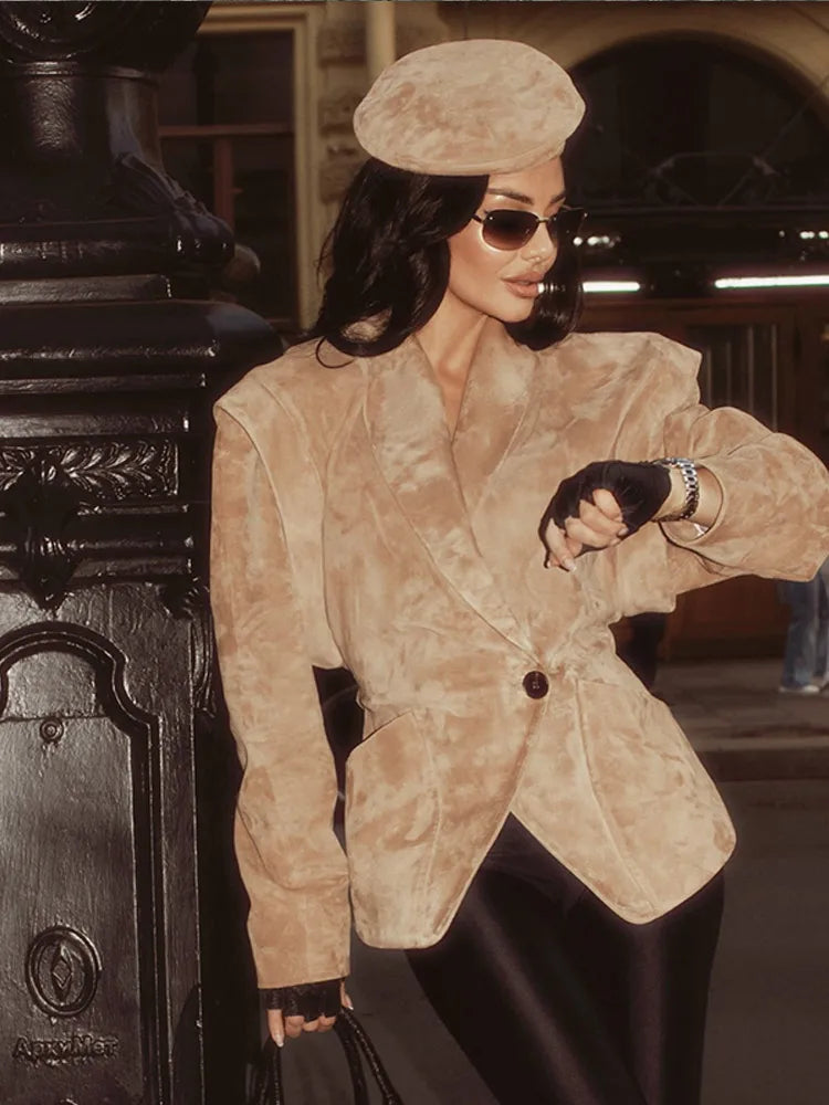 Solid Waist Cinching Blazer Women Shoulder Pads Lapel Single Breasted Long Sleeves Jackets Chic Elegant Casual Street Outerwear Don't Taxe That