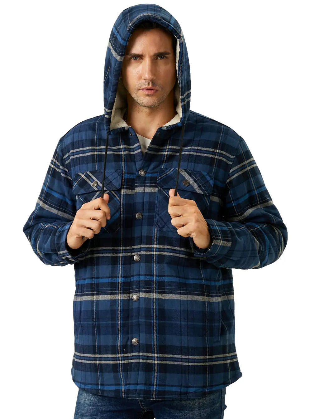 MAGCOMSEN Hooded Flannel Jacket Men's Plaid Jackets Cotton Sherpa Lined Jacket Winter Button Heavyweight Plaid Hoodies Male Don't Taxe That